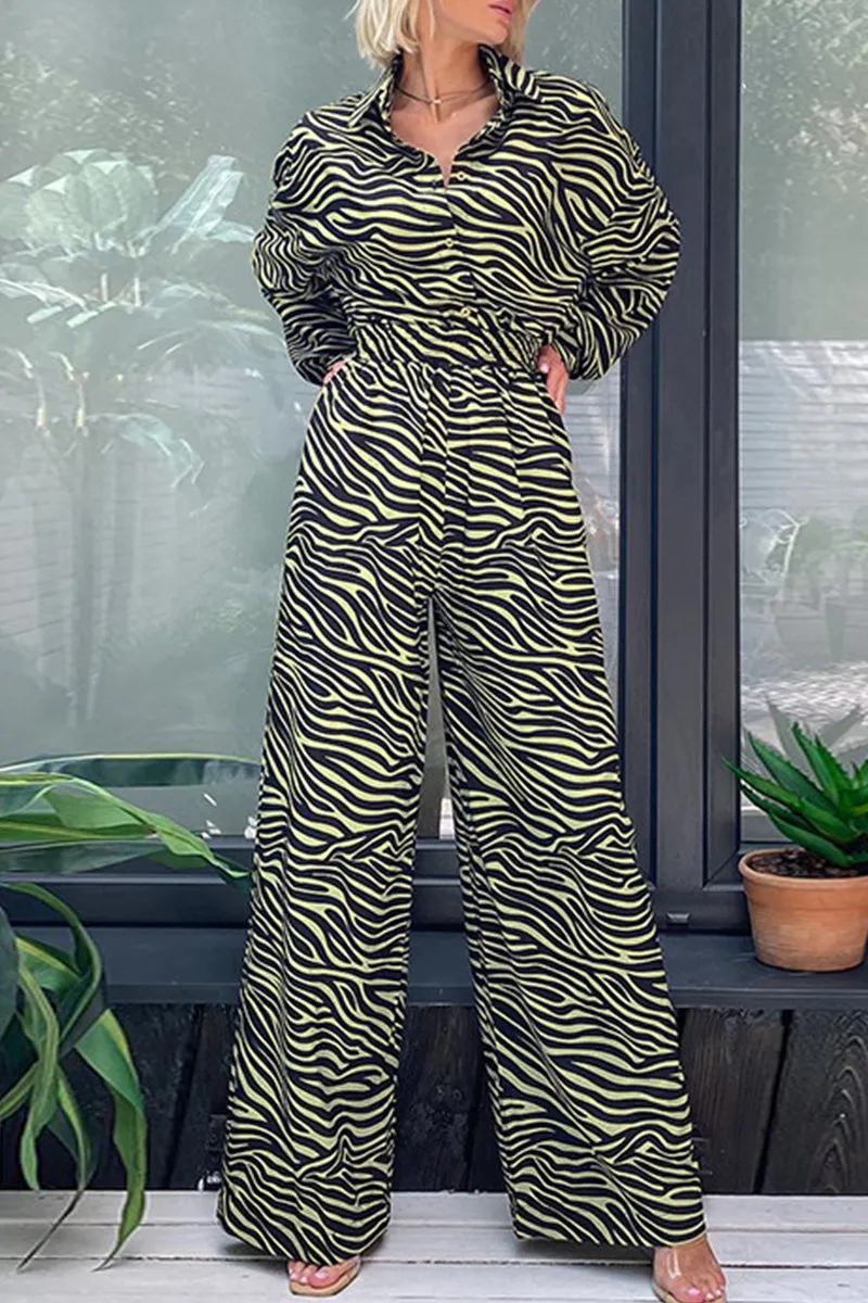Casual Print Printing Turndown Collar Loose Jumpsuits(5 Colors)