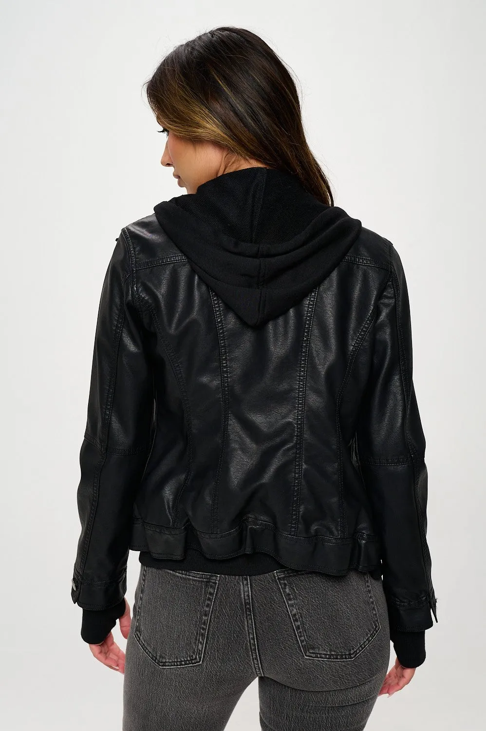 Classic Vegan Leather Bomber Jacket - Black