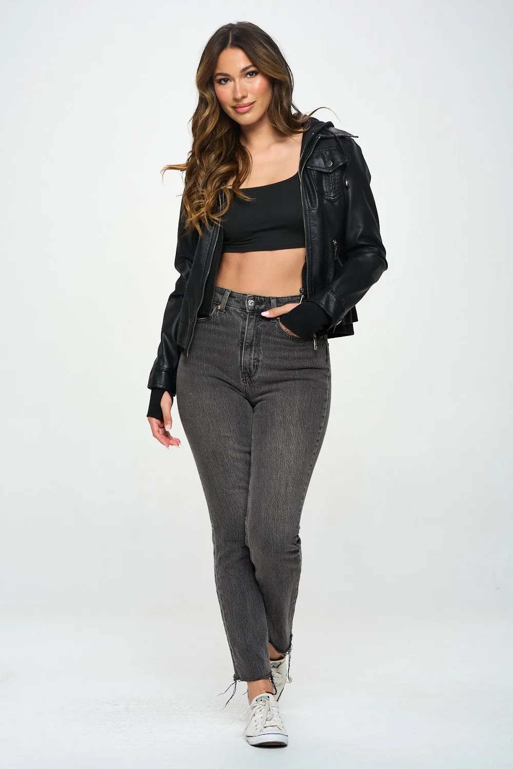Classic Vegan Leather Bomber Jacket - Black