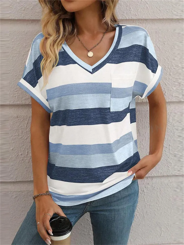 Contrast Color Stripes Short Sleeve Fitted V Neck Shirt for Women