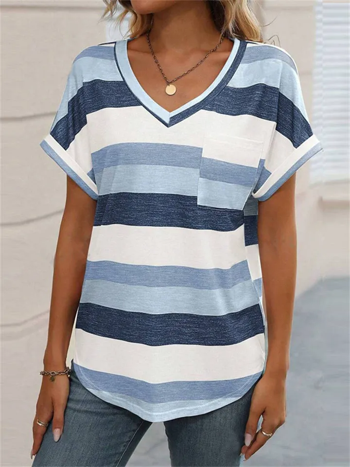 Contrast Color Stripes Short Sleeve Fitted V Neck Shirt for Women