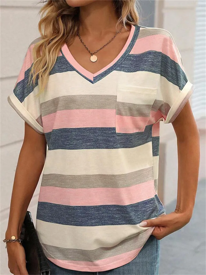Contrast Color Stripes Short Sleeve Fitted V Neck Shirt for Women