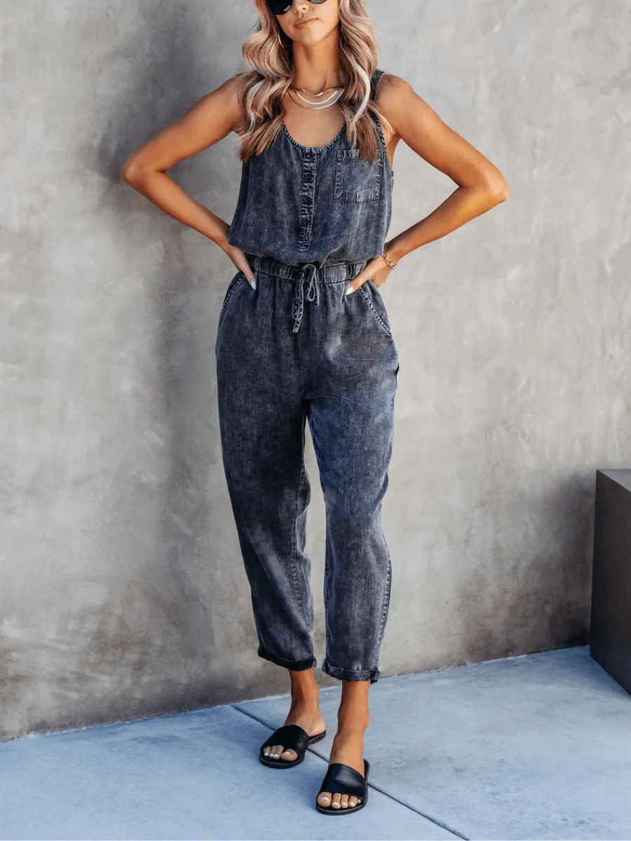 Courtney Pocketed Sleeveless Denim Jumpsuit - Black