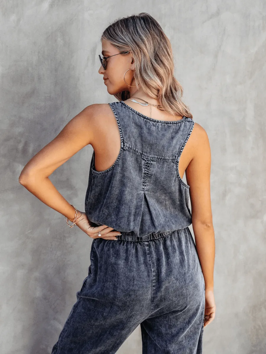 Courtney Pocketed Sleeveless Denim Jumpsuit - Black