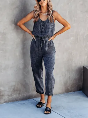 Courtney Pocketed Sleeveless Denim Jumpsuit - Black