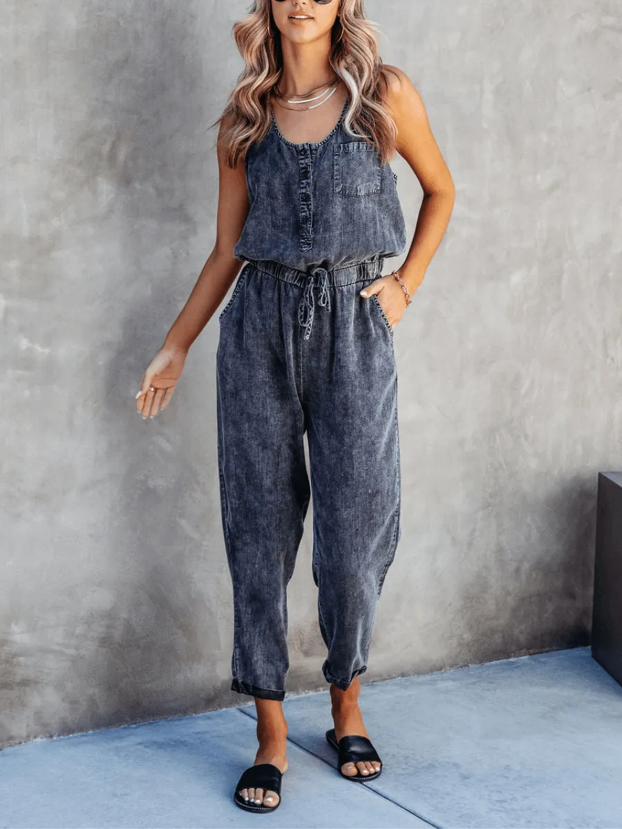 Courtney Pocketed Sleeveless Denim Jumpsuit - Black