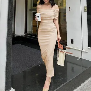 Cream Off-Shoulder Solid Midi Dress
