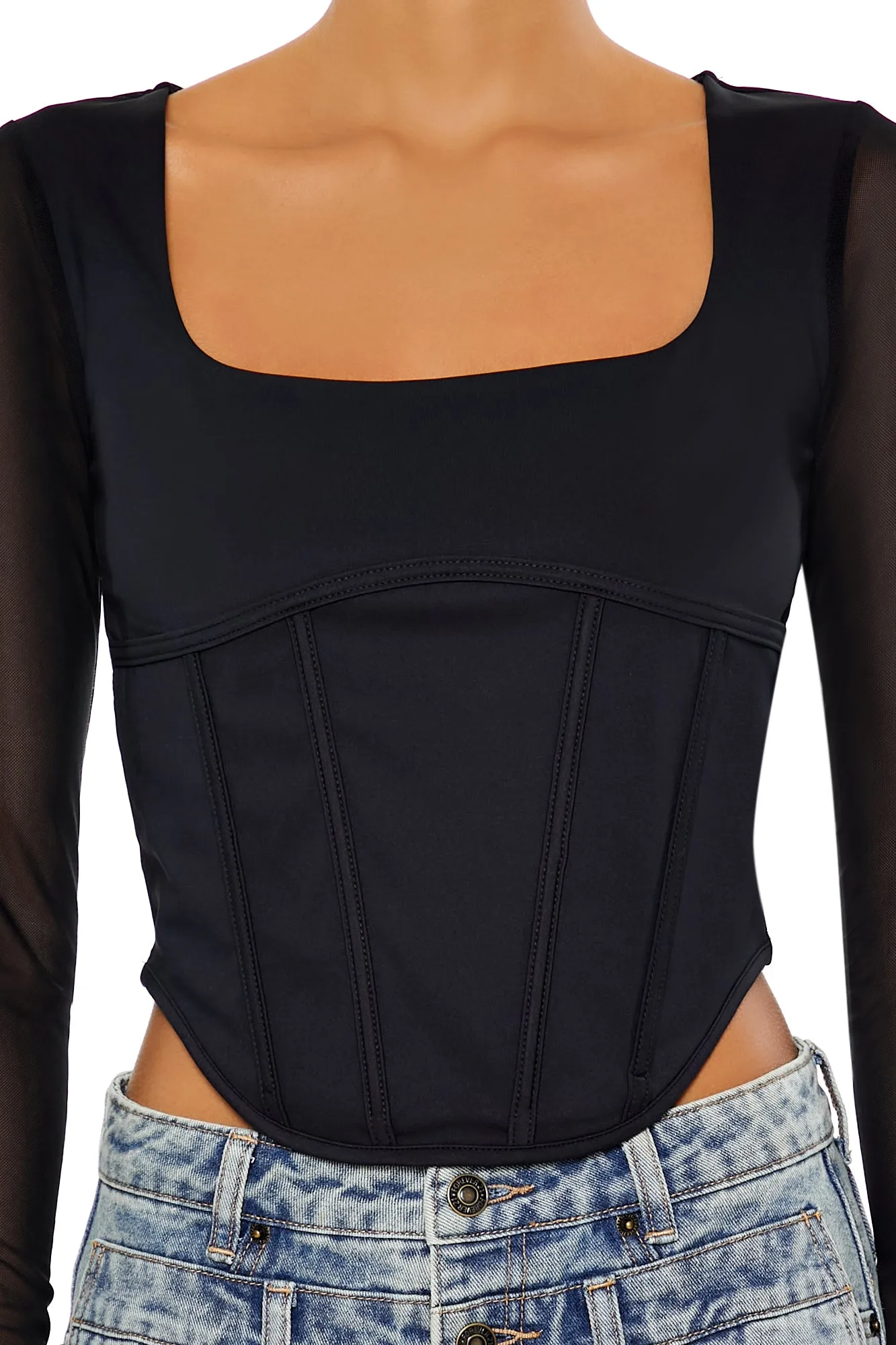 Curved Hem Knit Bustier Top - Black