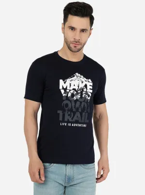 Dark Blue Printed Slim Fit T-Shirt | Greenfibre