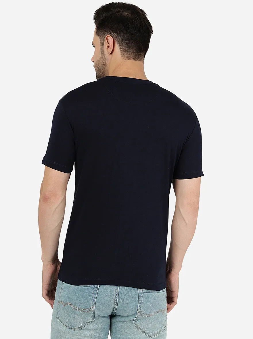 Dark Blue Printed Slim Fit T-Shirt | Greenfibre