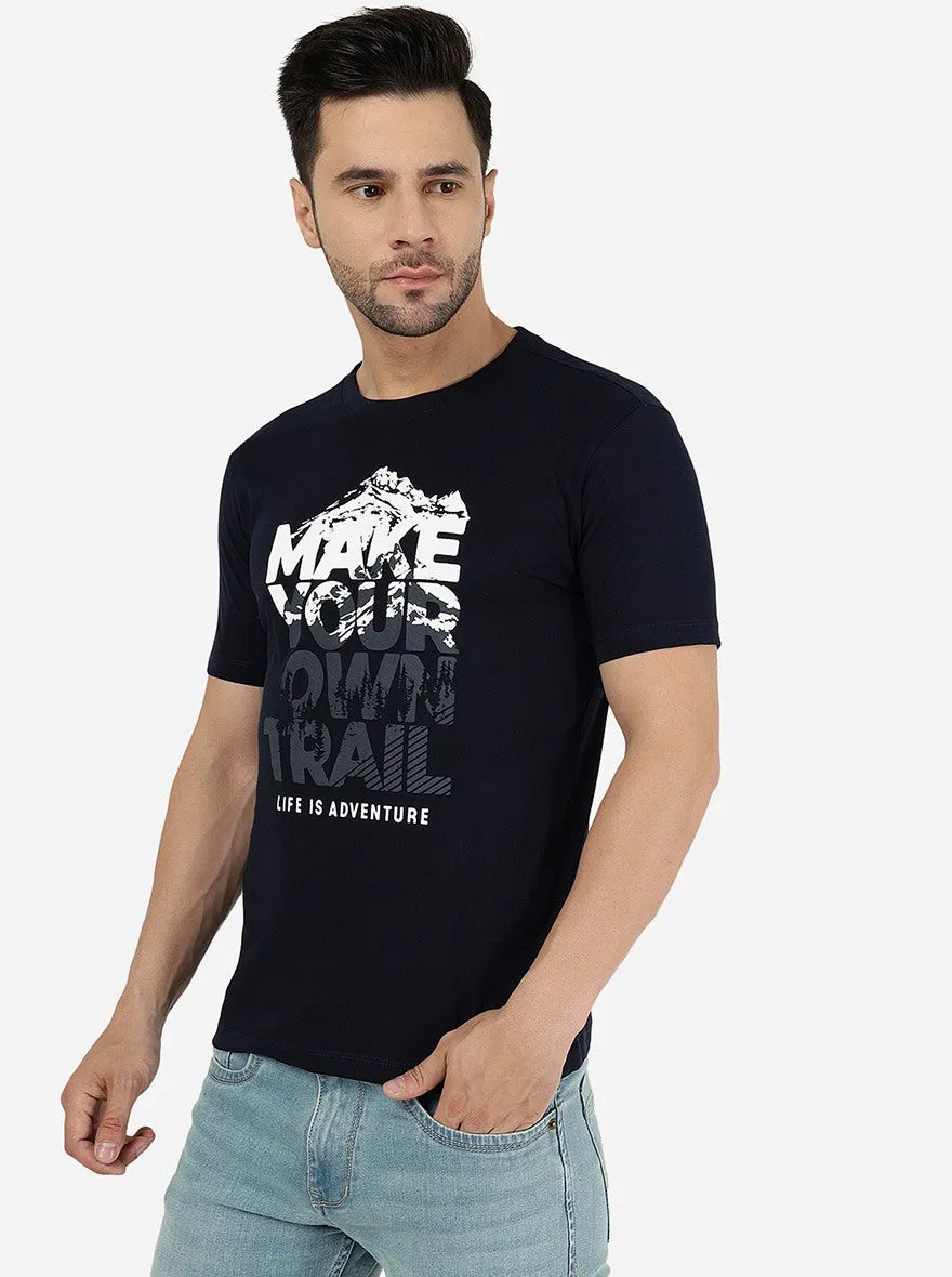 Dark Blue Printed Slim Fit T-Shirt | Greenfibre
