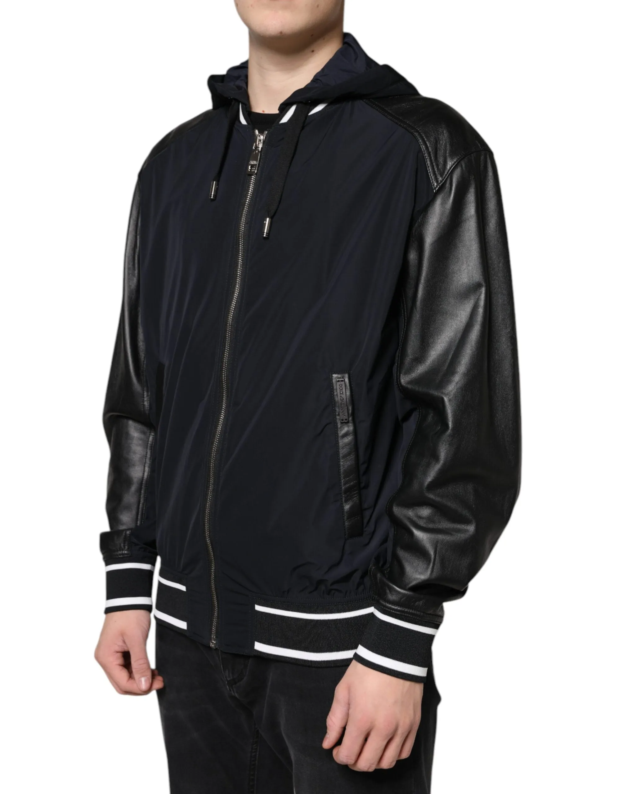 Dolce & Gabbana Black Hooded Full Zip Men Bomber Jacket