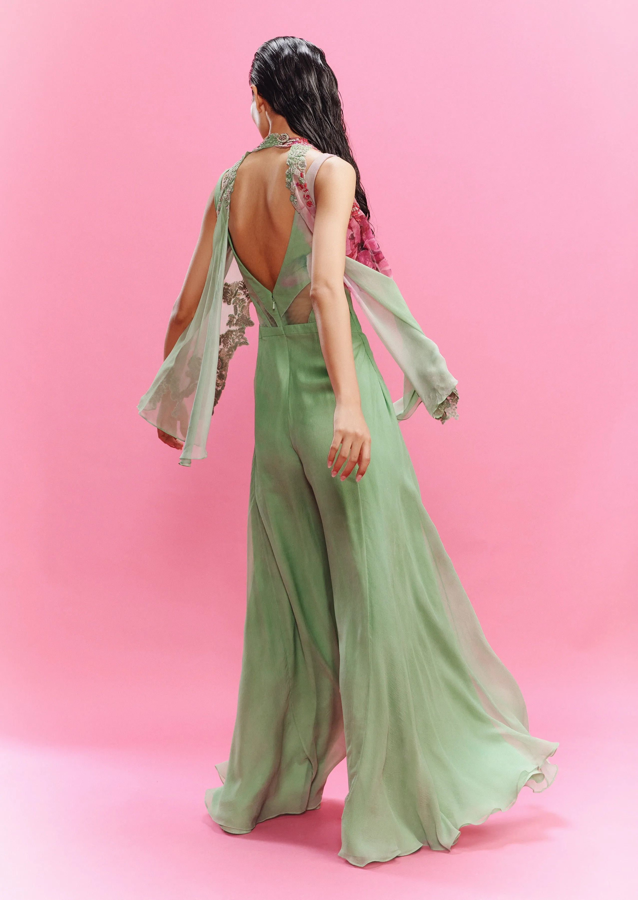 Elara chiffon green jumpsuit and shrug