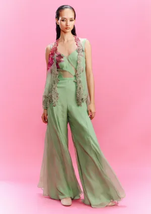 Elara chiffon green jumpsuit and shrug