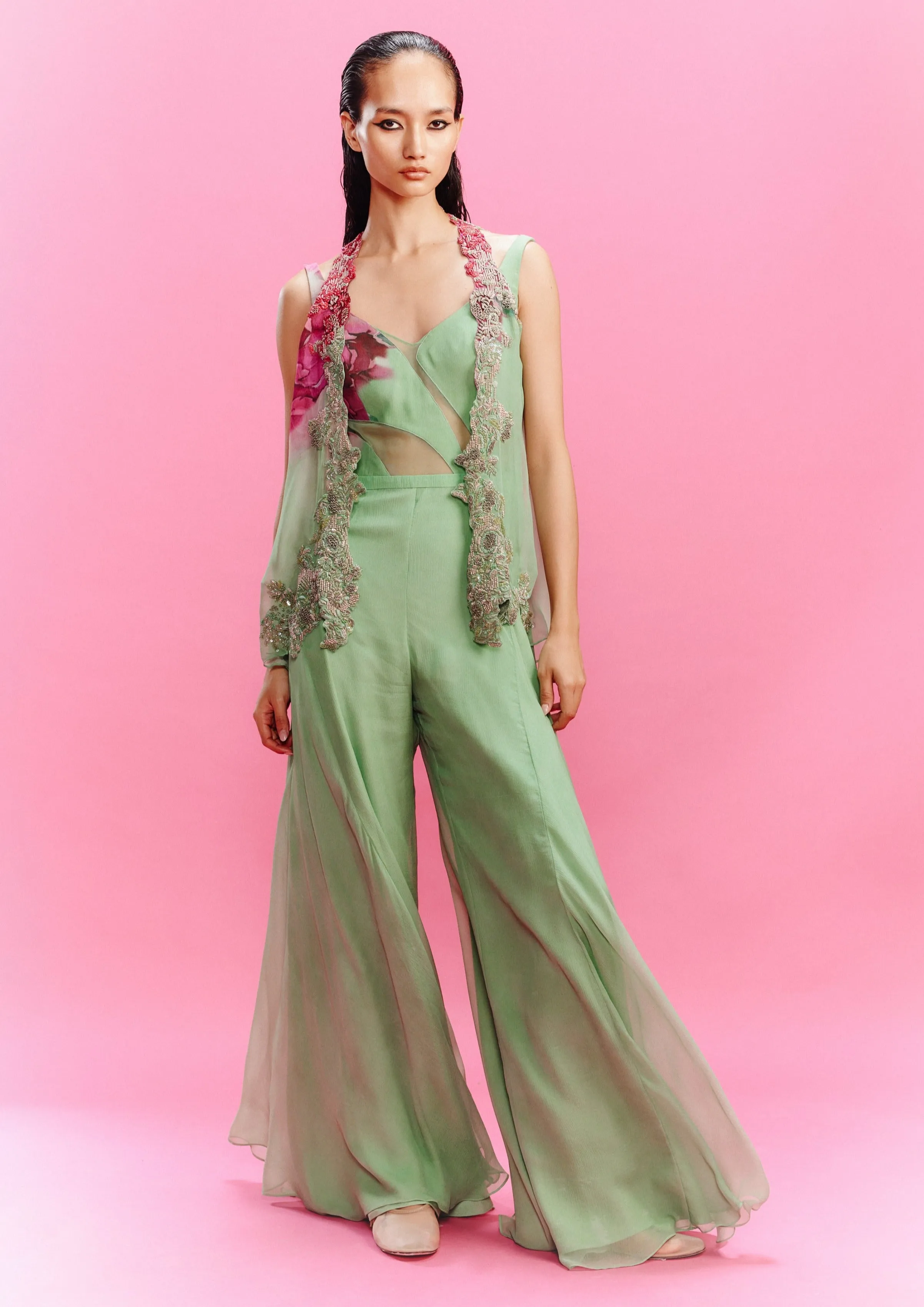 Elara chiffon green jumpsuit and shrug