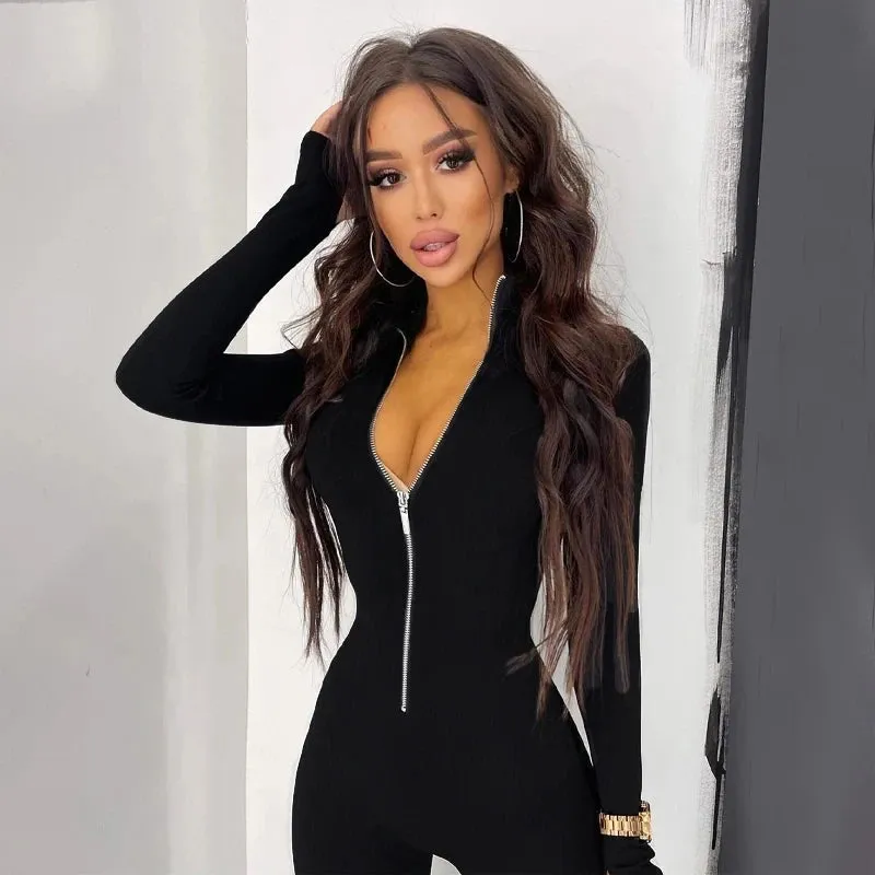 Elegant Long Sleeve Zipper Bodycon Jumpsuit