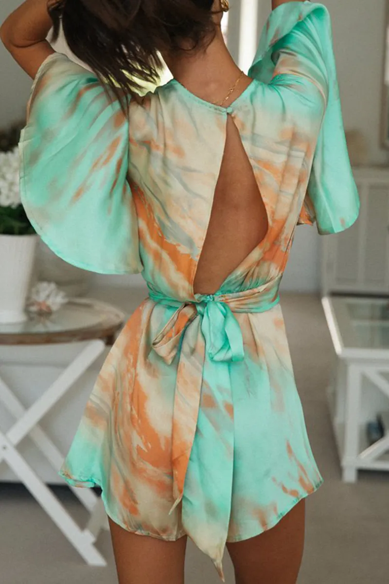 Elegant Tie-Dye Patchwork Backless V Neck Jumpsuits
