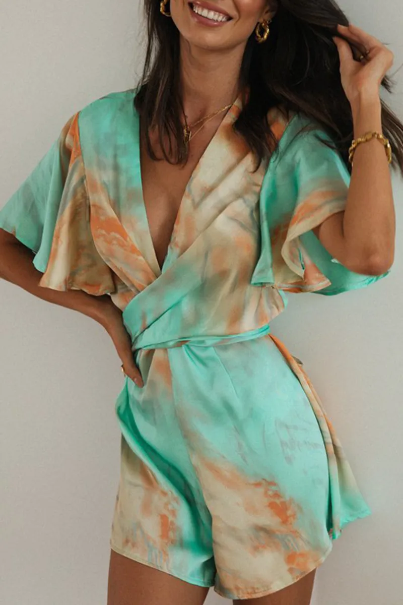 Elegant Tie-Dye Patchwork Backless V Neck Jumpsuits