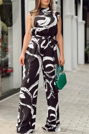 Fashion Print Patchwork Half A Turtleneck Straight Jumpsuits