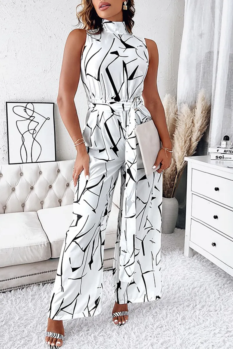 Fashion Print Patchwork Half A Turtleneck Straight Jumpsuits
