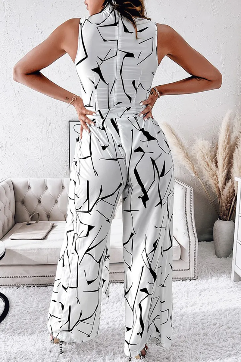 Fashion Print Patchwork Half A Turtleneck Straight Jumpsuits