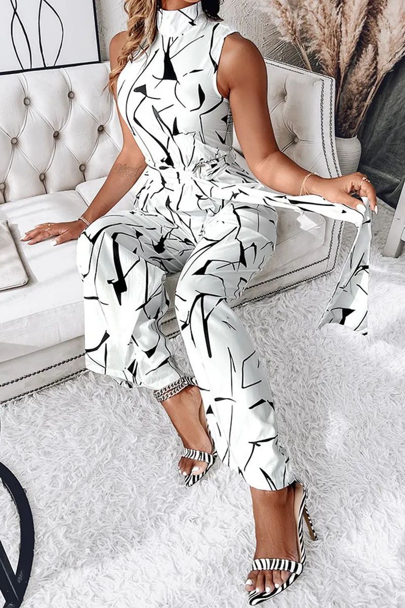 Fashion Print Patchwork Half A Turtleneck Straight Jumpsuits