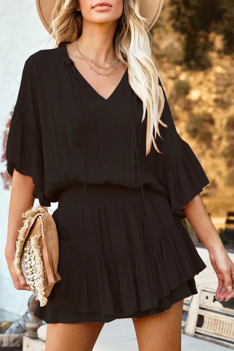 Fashion Solid Flounce V Neck Straight Jumpsuits(3 Colors)