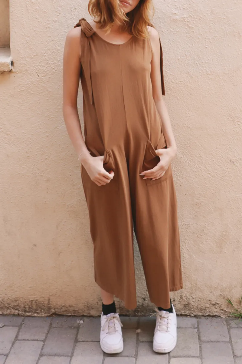Fashion Solid Patchwork Spaghetti Strap Straight Jumpsuits(3 Colors)
