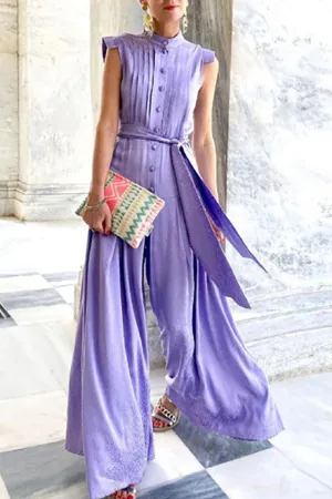 Fashion Street Print Patchwork O Neck Loose Jumpsuits(4 Colors)