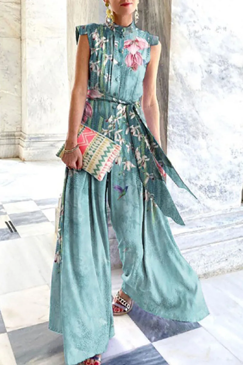 Fashion Street Print Patchwork O Neck Loose Jumpsuits(4 Colors)