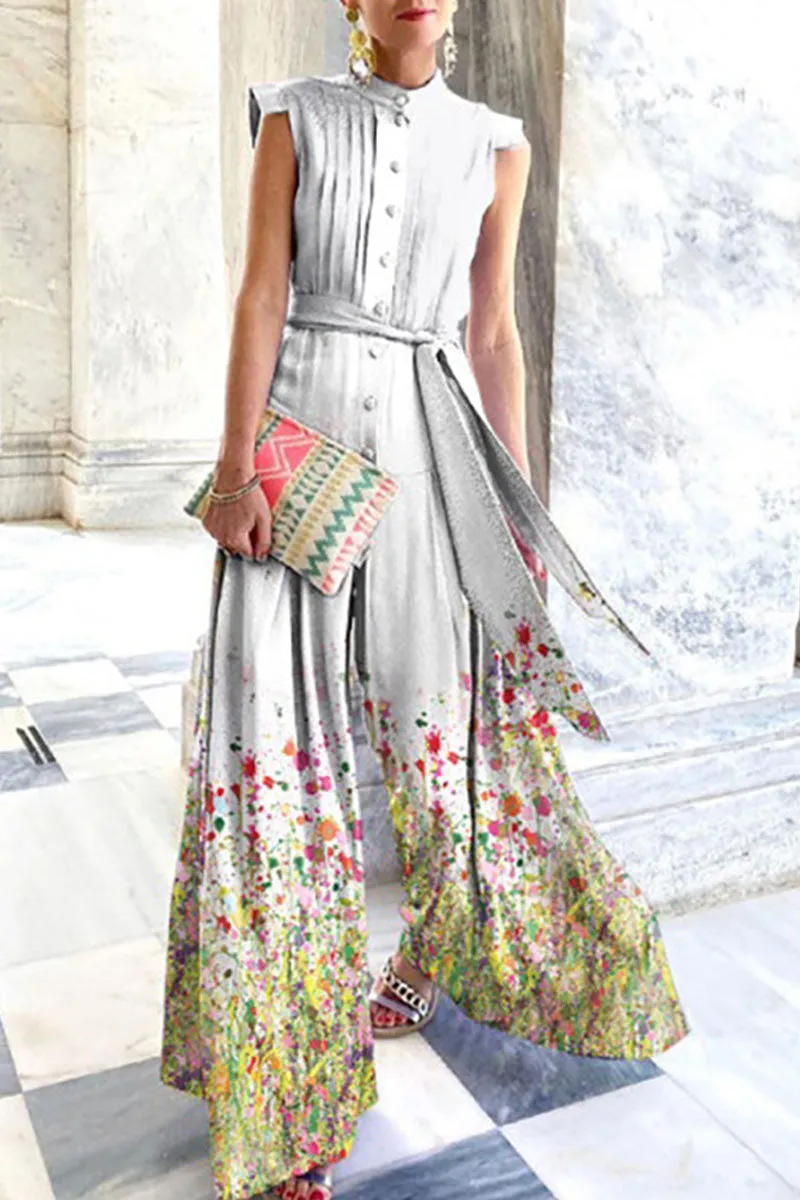 Fashion Street Print Patchwork O Neck Loose Jumpsuits(4 Colors)