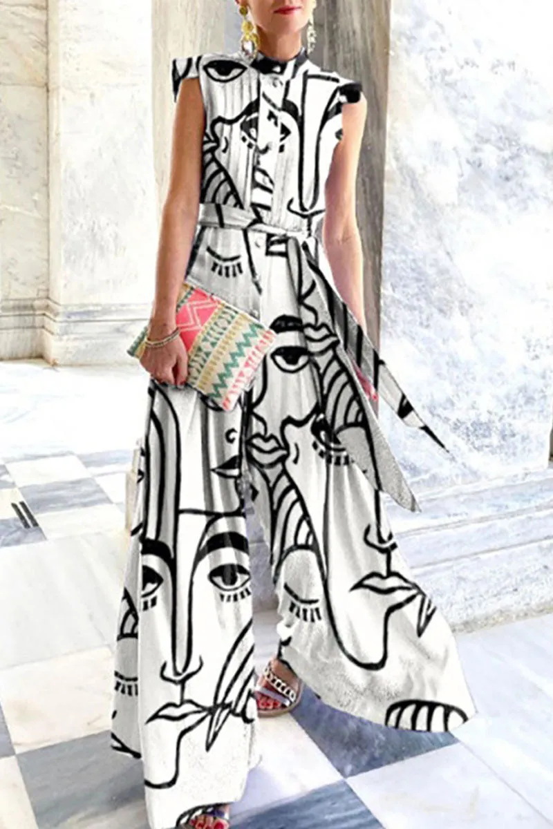 Fashion Street Print Patchwork O Neck Loose Jumpsuits(4 Colors)