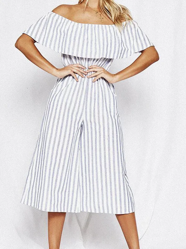 Fashion Word Collar Ruffled Striped Jumpsuit