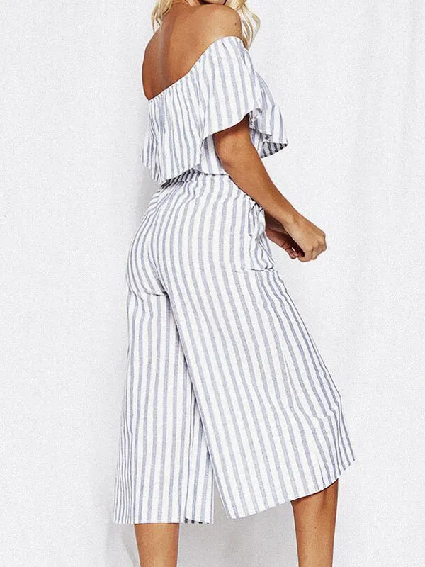 Fashion Word Collar Ruffled Striped Jumpsuit