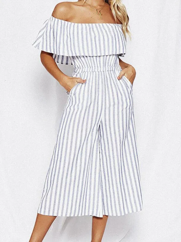 Fashion Word Collar Ruffled Striped Jumpsuit