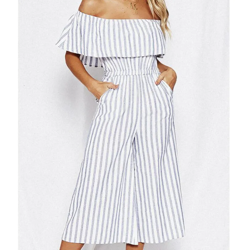 Fashion Word Collar Ruffled Striped Jumpsuit