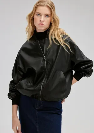 Faux Leather Black Bomber Jacket