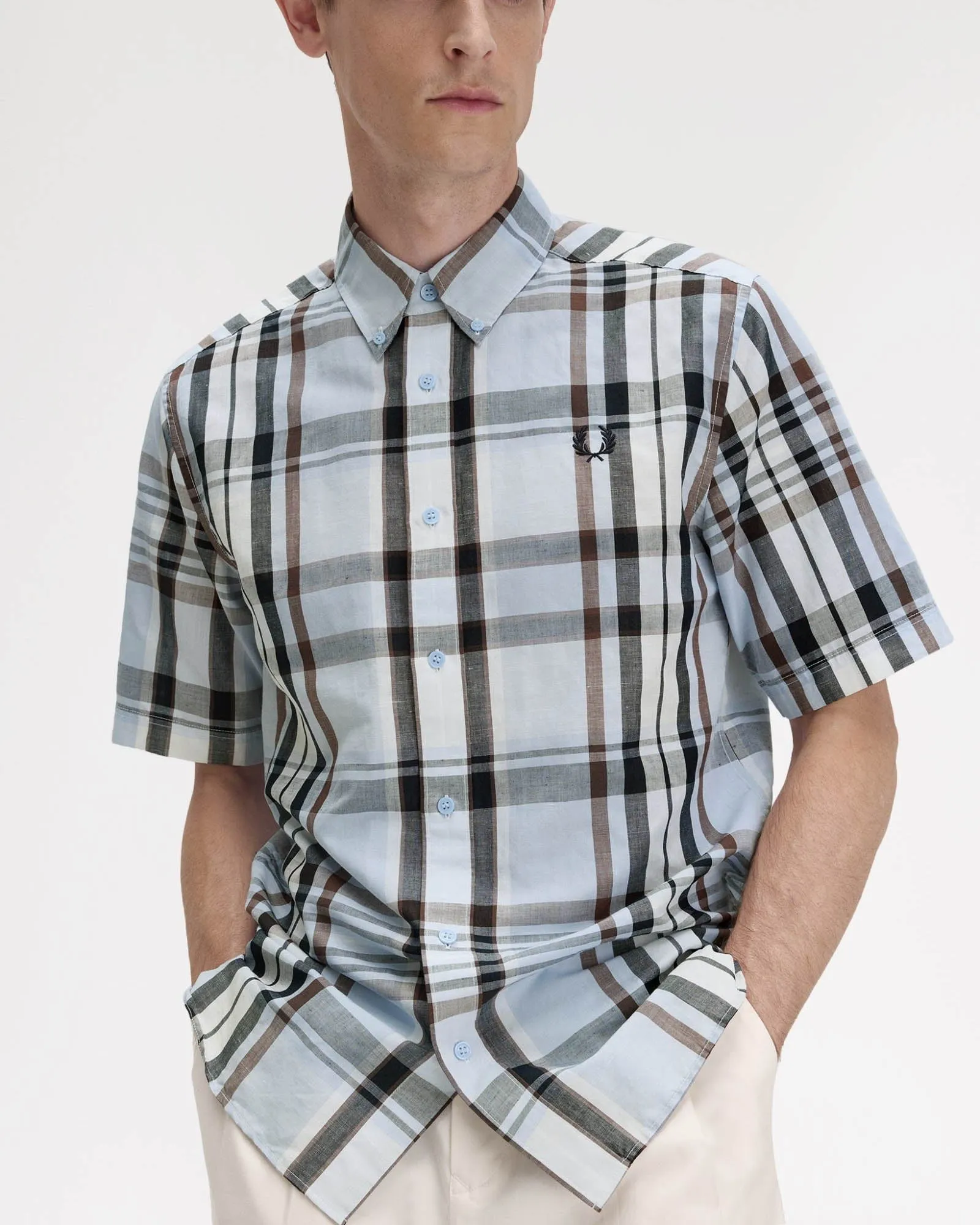 Fred Perry Mens Short Sleeve Madras Check Shirt Light Smoke 353