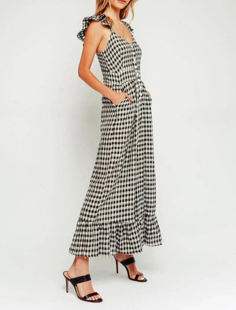 Gingham Cropped Wide Leg Button Front Ruffle Jumpsuit