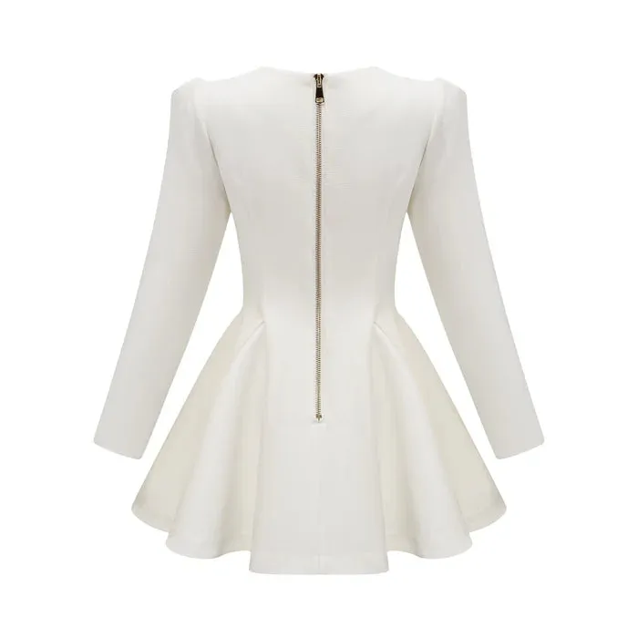 gold-button pleated peplum-hem white  blazer dress