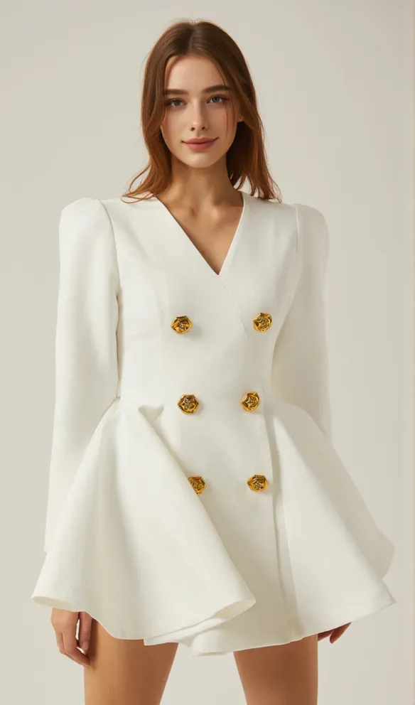 gold-button pleated peplum-hem white  blazer dress