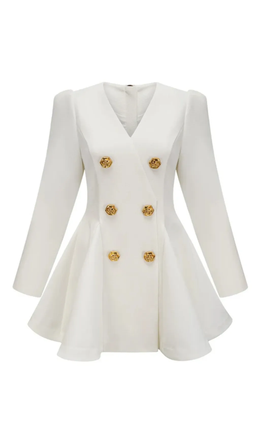 gold-button pleated peplum-hem white  blazer dress