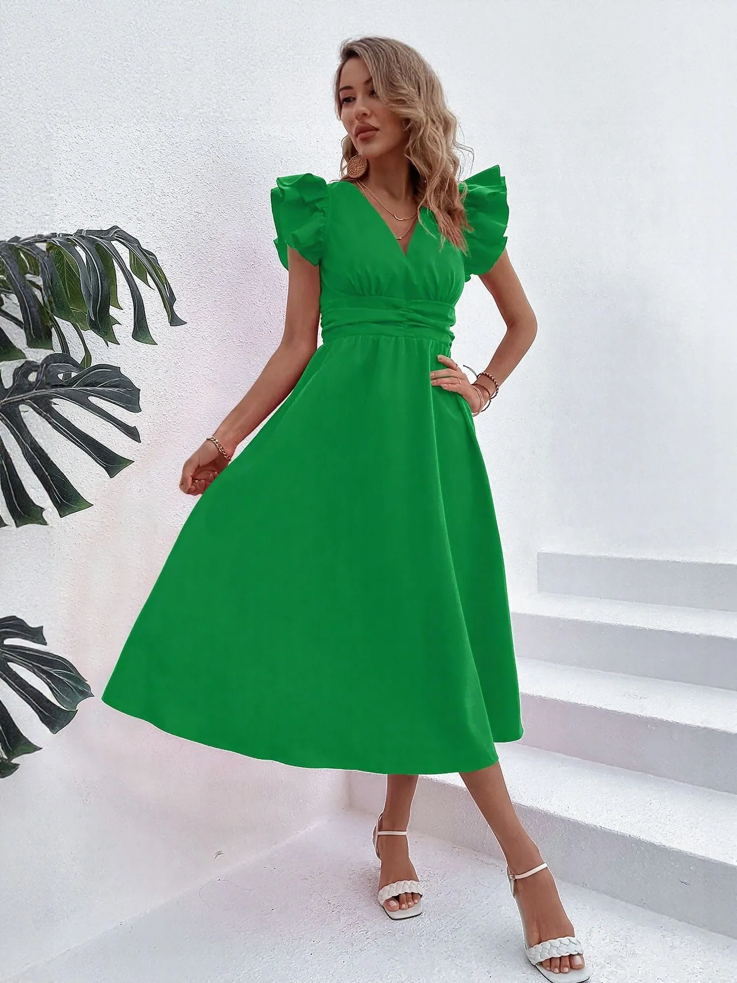 Green Front Tie Up Shirt Dress