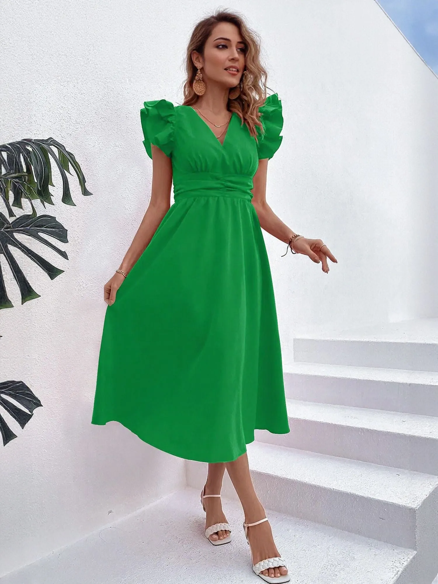 Green Front Tie Up Shirt Dress