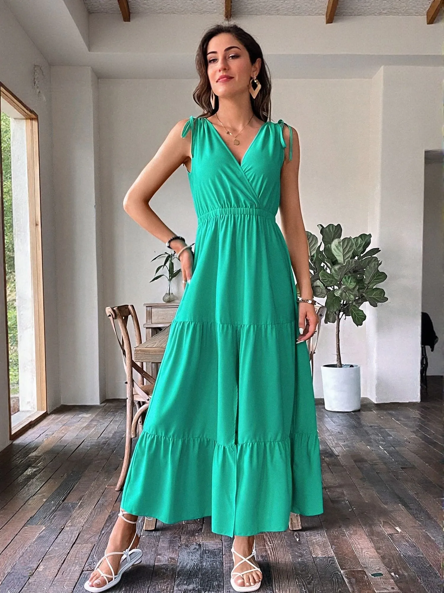 Green Sleeveless Tiered Maxi Dress