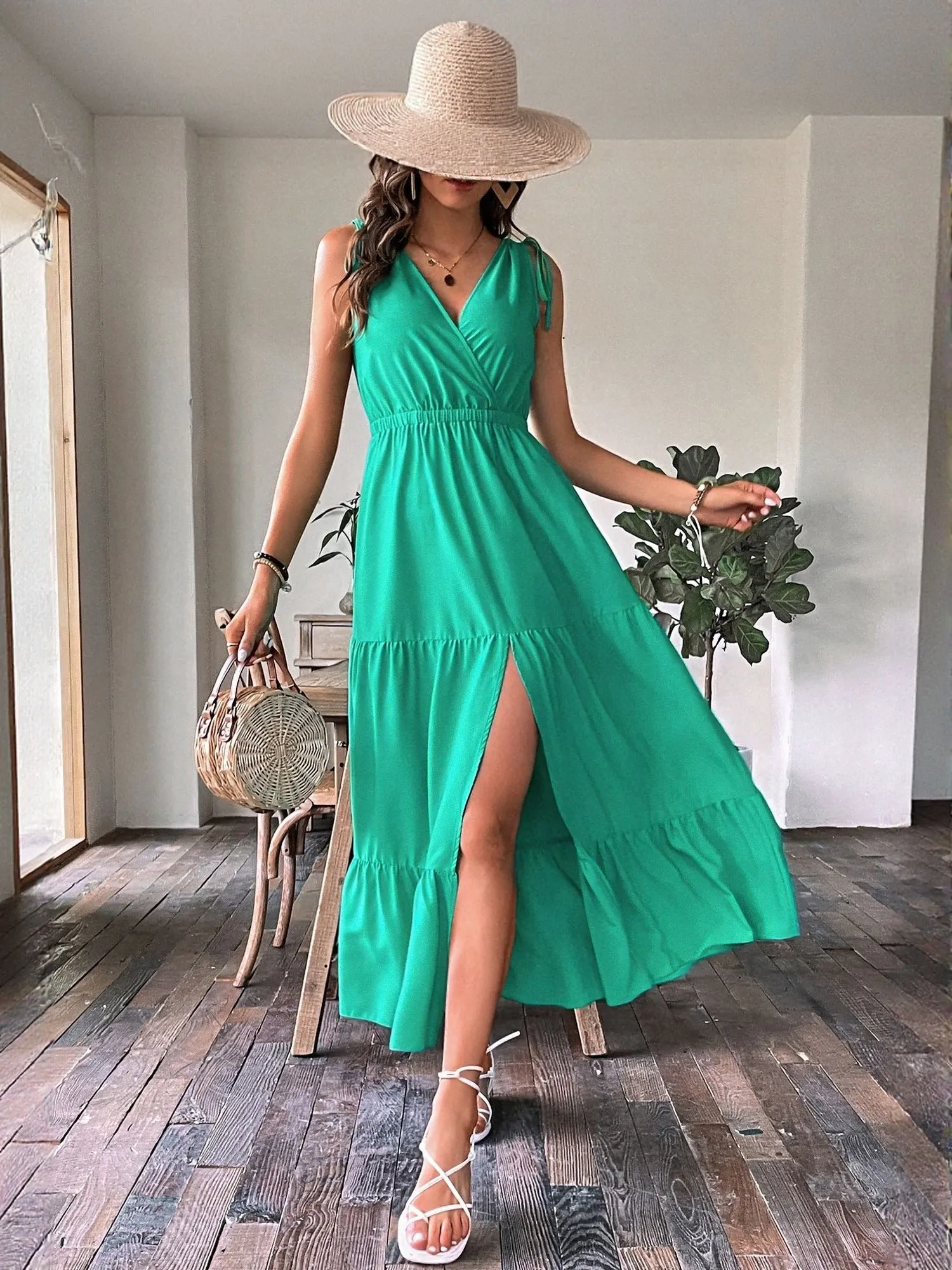 Green Sleeveless Tiered Maxi Dress