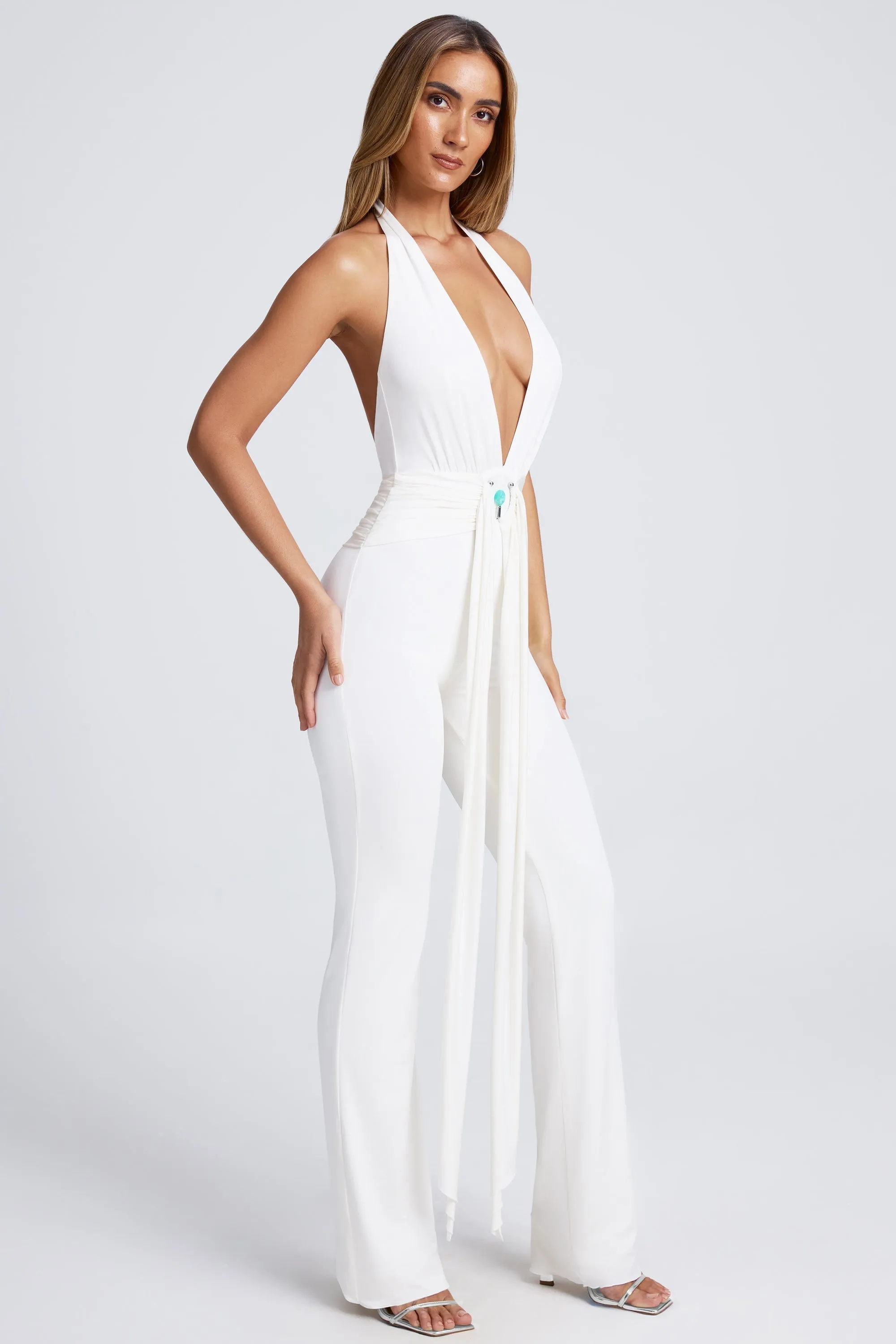 Hardware Detail Plunge Halterneck Jumpsuit in White