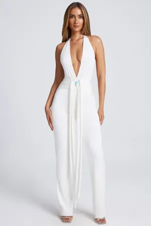 Hardware Detail Plunge Halterneck Jumpsuit in White