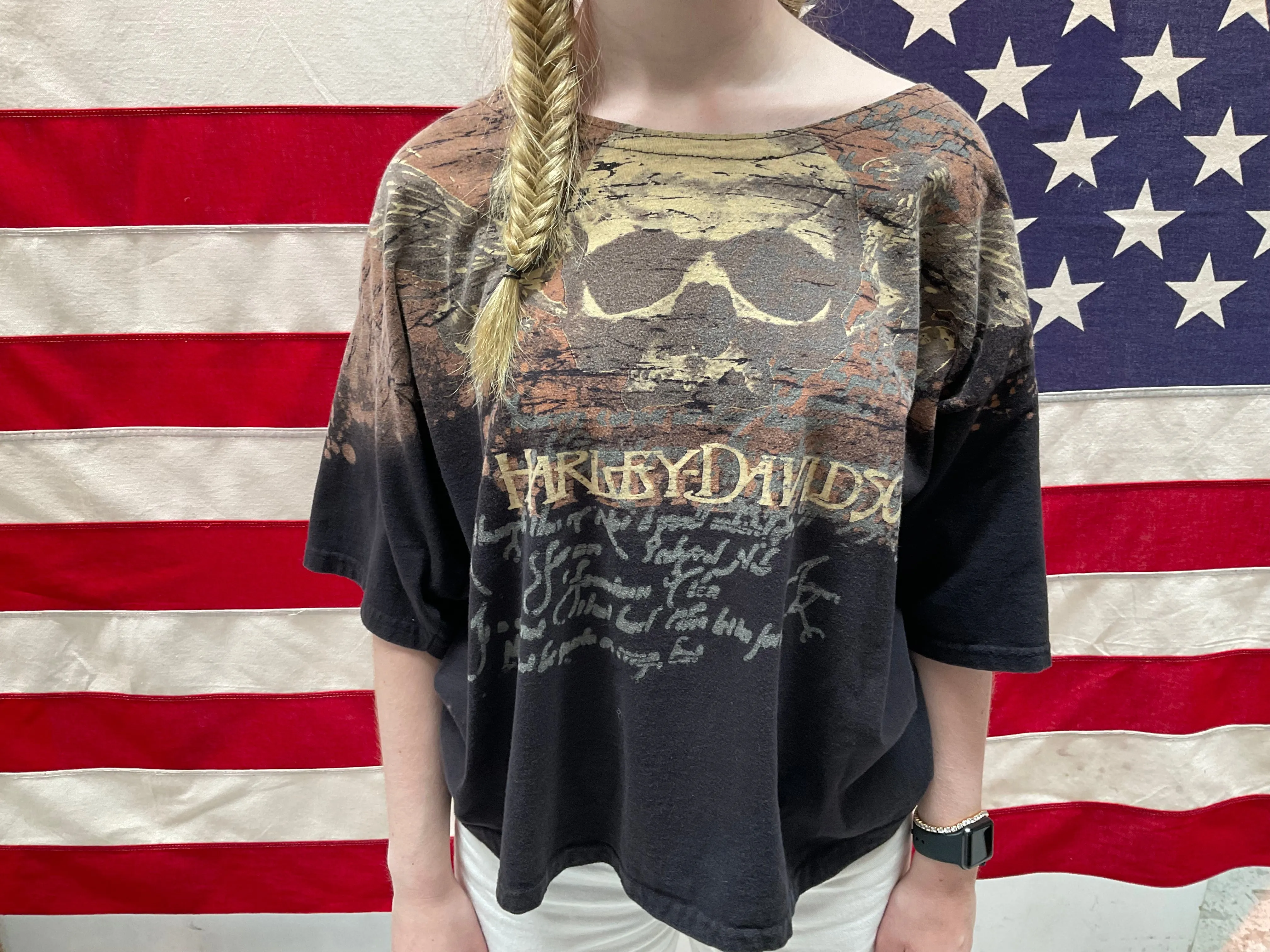 Harley Davidson Womens Vintage 2007 Black Oversize T-Shirt Scoop Neck