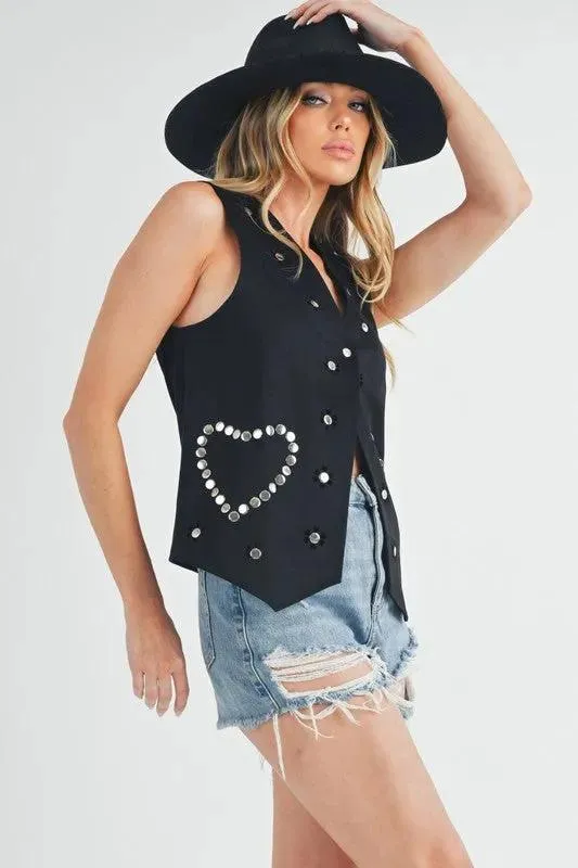 Heart Rivet Black Suede Vest | Stylish Detail